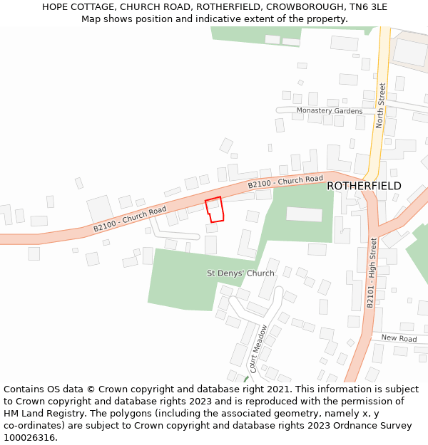 HOPE COTTAGE, CHURCH ROAD, ROTHERFIELD, CROWBOROUGH, TN6 3LE: Location map and indicative extent of plot