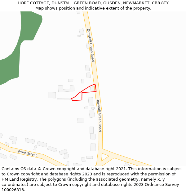HOPE COTTAGE, DUNSTALL GREEN ROAD, OUSDEN, NEWMARKET, CB8 8TY: Location map and indicative extent of plot