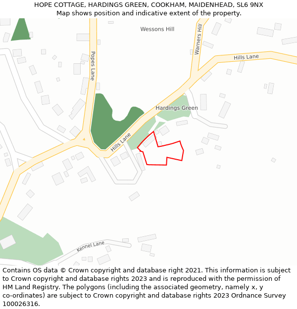 HOPE COTTAGE, HARDINGS GREEN, COOKHAM, MAIDENHEAD, SL6 9NX: Location map and indicative extent of plot