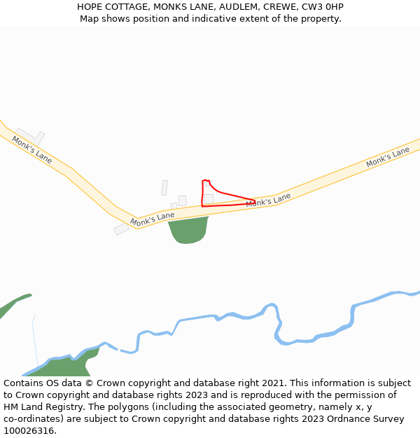 HOPE COTTAGE, MONKS LANE, AUDLEM, CREWE, CW3 0HP: Location map and indicative extent of plot