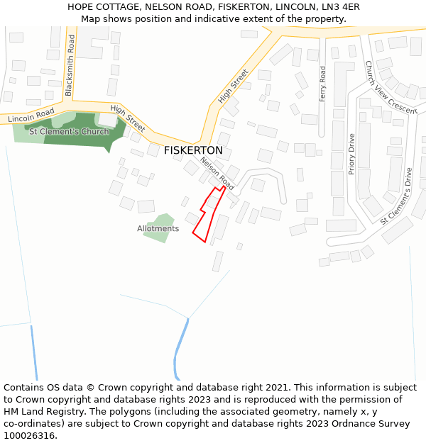 HOPE COTTAGE, NELSON ROAD, FISKERTON, LINCOLN, LN3 4ER: Location map and indicative extent of plot