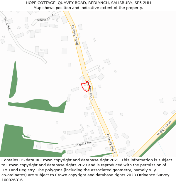 HOPE COTTAGE, QUAVEY ROAD, REDLYNCH, SALISBURY, SP5 2HH: Location map and indicative extent of plot
