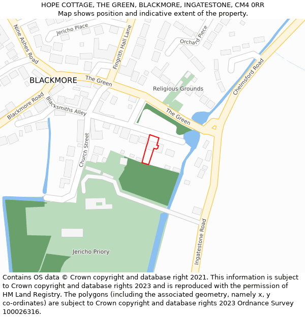 HOPE COTTAGE, THE GREEN, BLACKMORE, INGATESTONE, CM4 0RR: Location map and indicative extent of plot