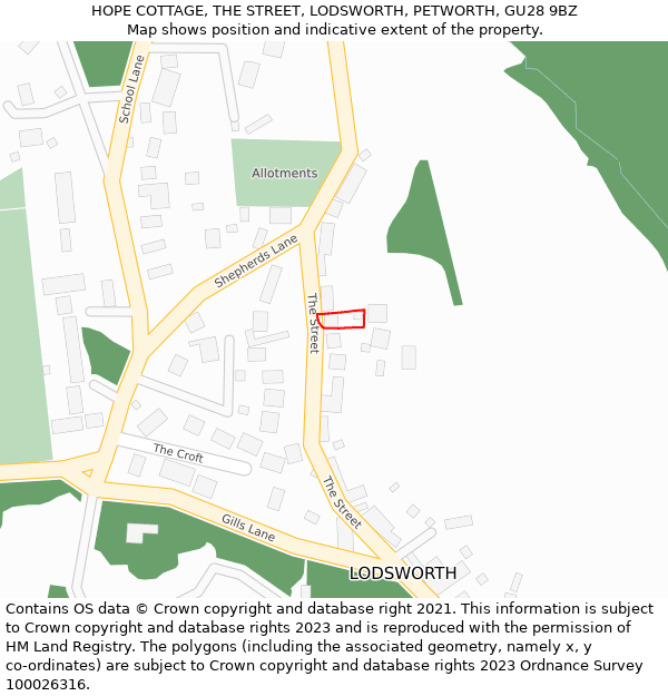 HOPE COTTAGE, THE STREET, LODSWORTH, PETWORTH, GU28 9BZ: Location map and indicative extent of plot