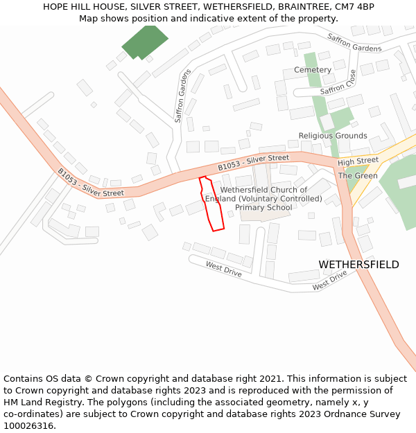 HOPE HILL HOUSE, SILVER STREET, WETHERSFIELD, BRAINTREE, CM7 4BP: Location map and indicative extent of plot