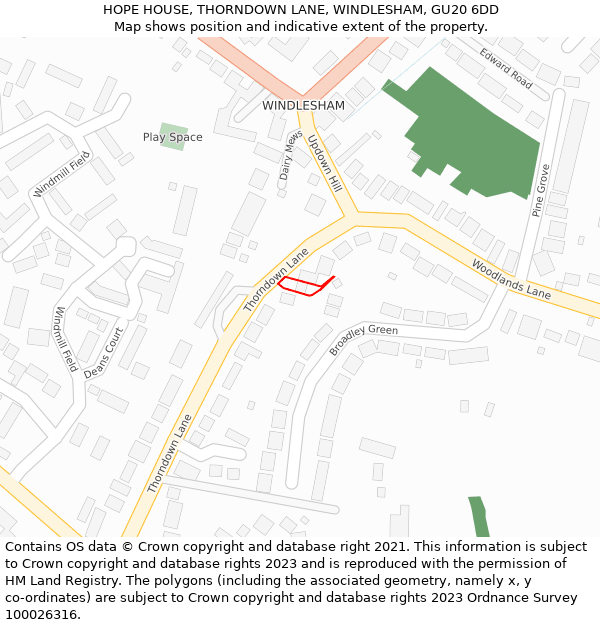 HOPE HOUSE, THORNDOWN LANE, WINDLESHAM, GU20 6DD: Location map and indicative extent of plot