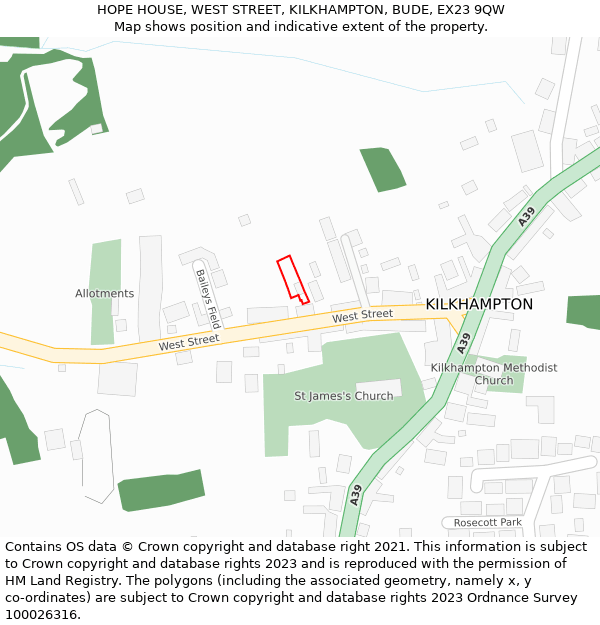 HOPE HOUSE, WEST STREET, KILKHAMPTON, BUDE, EX23 9QW: Location map and indicative extent of plot