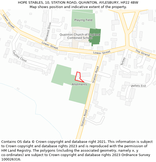 HOPE STABLES, 10, STATION ROAD, QUAINTON, AYLESBURY, HP22 4BW: Location map and indicative extent of plot