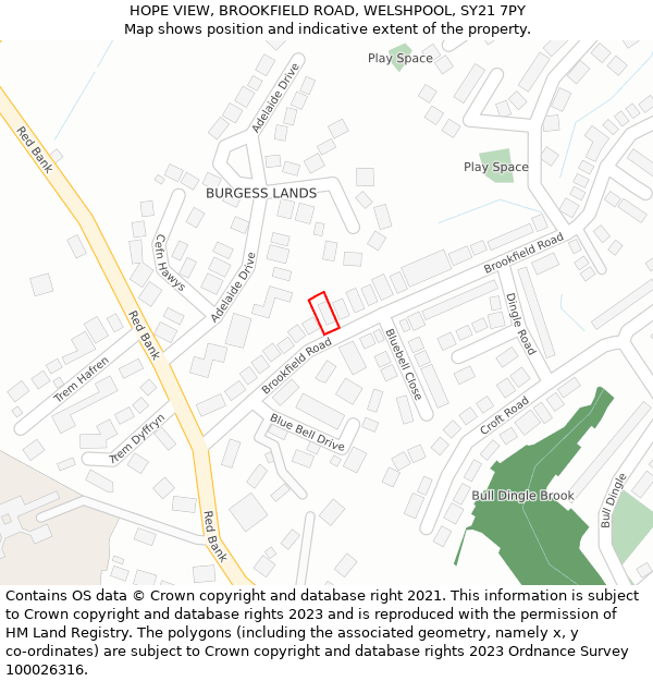 HOPE VIEW, BROOKFIELD ROAD, WELSHPOOL, SY21 7PY: Location map and indicative extent of plot