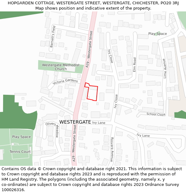 HOPGARDEN COTTAGE, WESTERGATE STREET, WESTERGATE, CHICHESTER, PO20 3RJ: Location map and indicative extent of plot