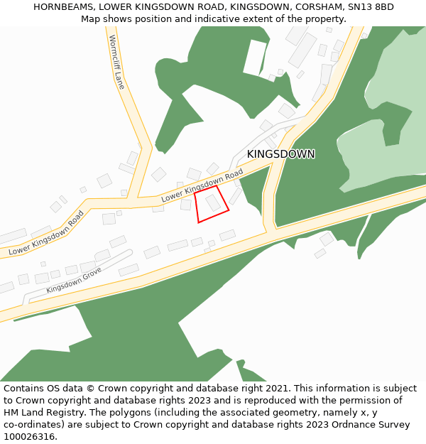 HORNBEAMS, LOWER KINGSDOWN ROAD, KINGSDOWN, CORSHAM, SN13 8BD: Location map and indicative extent of plot