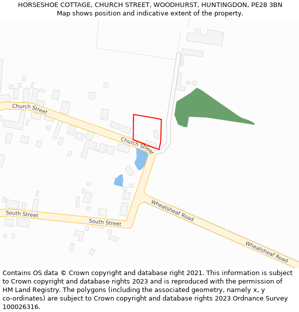 HORSESHOE COTTAGE, CHURCH STREET, WOODHURST, HUNTINGDON, PE28 3BN: Location map and indicative extent of plot