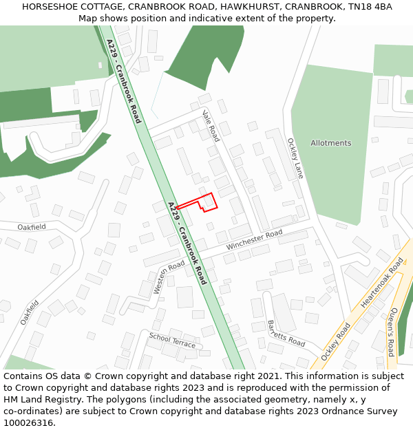 HORSESHOE COTTAGE, CRANBROOK ROAD, HAWKHURST, CRANBROOK, TN18 4BA: Location map and indicative extent of plot