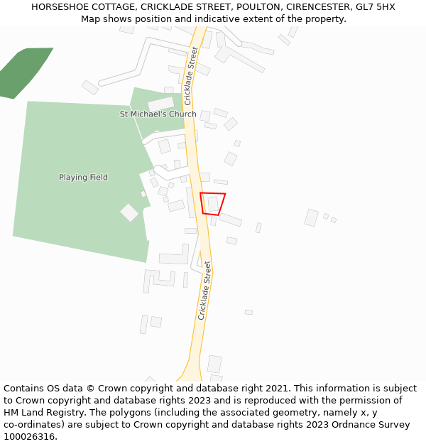 HORSESHOE COTTAGE, CRICKLADE STREET, POULTON, CIRENCESTER, GL7 5HX: Location map and indicative extent of plot