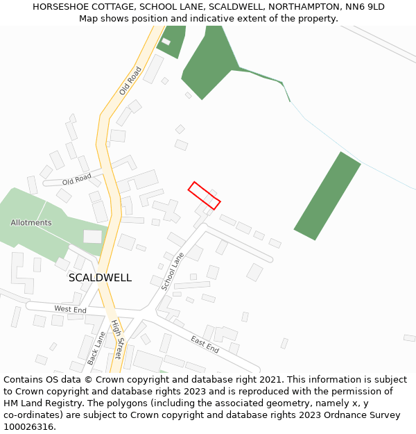 HORSESHOE COTTAGE, SCHOOL LANE, SCALDWELL, NORTHAMPTON, NN6 9LD: Location map and indicative extent of plot