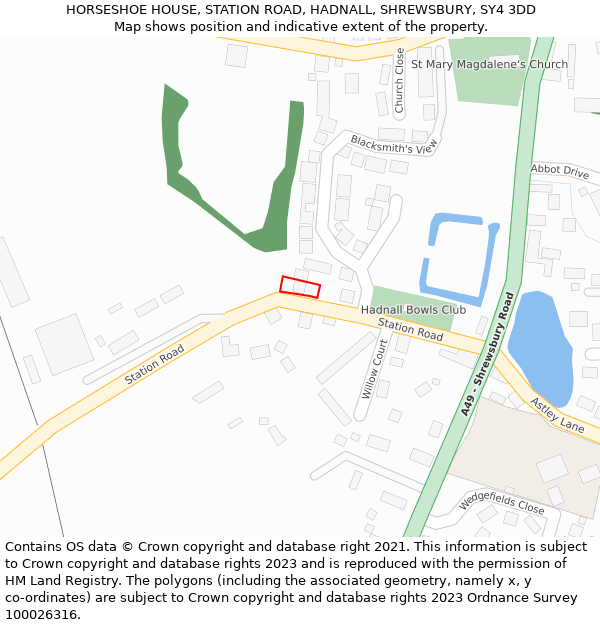 HORSESHOE HOUSE, STATION ROAD, HADNALL, SHREWSBURY, SY4 3DD: Location map and indicative extent of plot