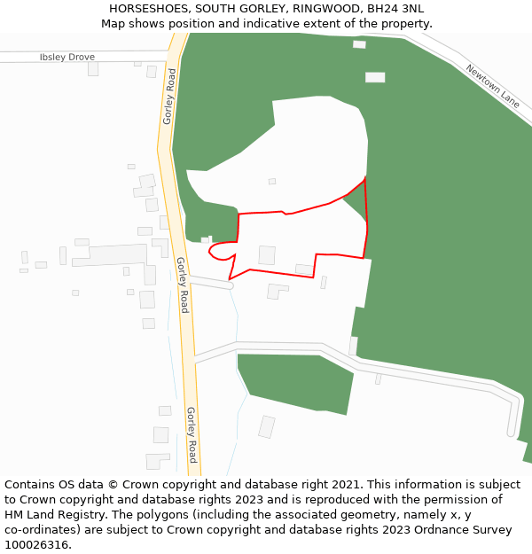 HORSESHOES, SOUTH GORLEY, RINGWOOD, BH24 3NL: Location map and indicative extent of plot