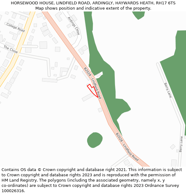 HORSEWOOD HOUSE, LINDFIELD ROAD, ARDINGLY, HAYWARDS HEATH, RH17 6TS: Location map and indicative extent of plot