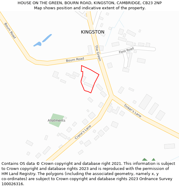 HOUSE ON THE GREEN, BOURN ROAD, KINGSTON, CAMBRIDGE, CB23 2NP: Location map and indicative extent of plot