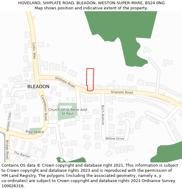 HOVELAND, SHIPLATE ROAD, BLEADON, WESTON-SUPER-MARE, BS24 0NG: Location map and indicative extent of plot