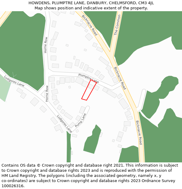 HOWDENS, PLUMPTRE LANE, DANBURY, CHELMSFORD, CM3 4JL: Location map and indicative extent of plot