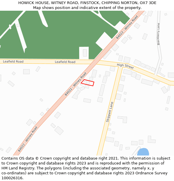 HOWICK HOUSE, WITNEY ROAD, FINSTOCK, CHIPPING NORTON, OX7 3DE: Location map and indicative extent of plot