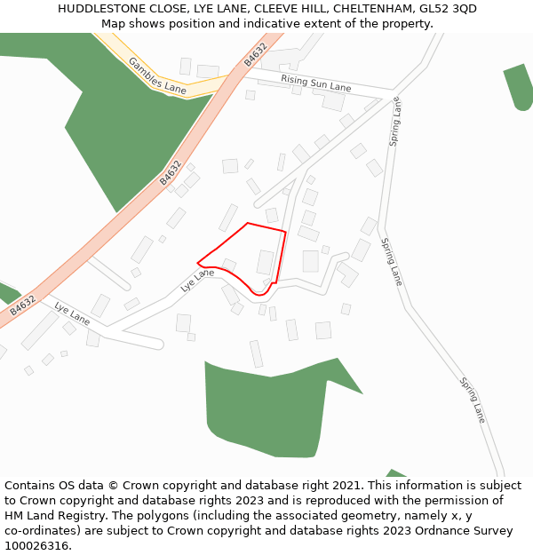 HUDDLESTONE CLOSE, LYE LANE, CLEEVE HILL, CHELTENHAM, GL52 3QD: Location map and indicative extent of plot