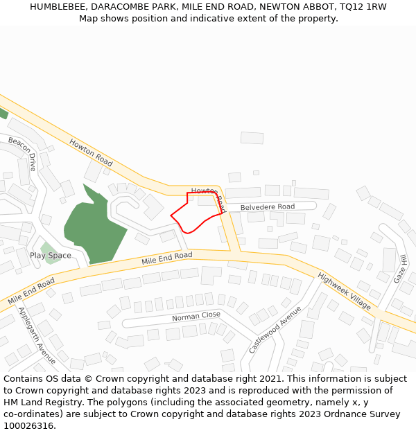 HUMBLEBEE, DARACOMBE PARK, MILE END ROAD, NEWTON ABBOT, TQ12 1RW: Location map and indicative extent of plot
