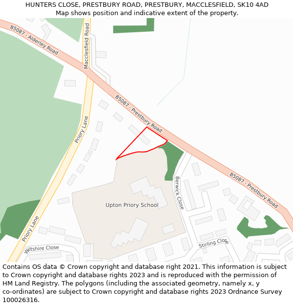 HUNTERS CLOSE, PRESTBURY ROAD, PRESTBURY, MACCLESFIELD, SK10 4AD: Location map and indicative extent of plot