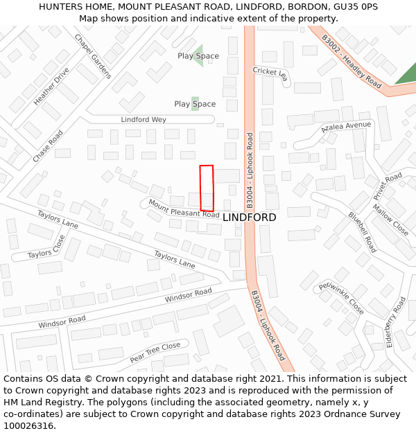 HUNTERS HOME, MOUNT PLEASANT ROAD, LINDFORD, BORDON, GU35 0PS: Location map and indicative extent of plot