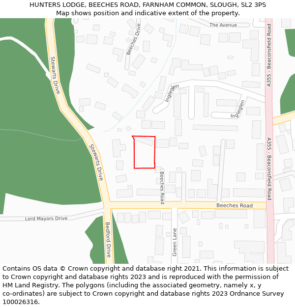 HUNTERS LODGE, BEECHES ROAD, FARNHAM COMMON, SLOUGH, SL2 3PS: Location map and indicative extent of plot