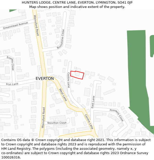 HUNTERS LODGE, CENTRE LANE, EVERTON, LYMINGTON, SO41 0JP: Location map and indicative extent of plot