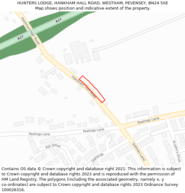 HUNTERS LODGE, HANKHAM HALL ROAD, WESTHAM, PEVENSEY, BN24 5AE: Location map and indicative extent of plot