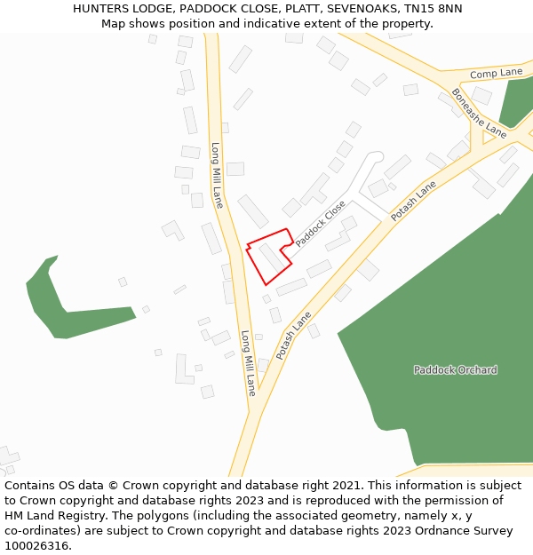 HUNTERS LODGE, PADDOCK CLOSE, PLATT, SEVENOAKS, TN15 8NN: Location map and indicative extent of plot