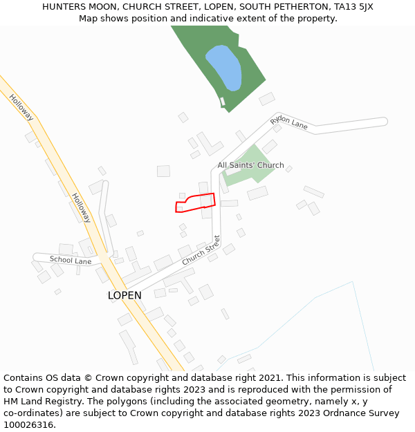 HUNTERS MOON, CHURCH STREET, LOPEN, SOUTH PETHERTON, TA13 5JX: Location map and indicative extent of plot