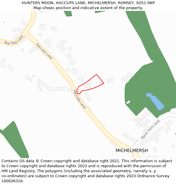 HUNTERS MOON, HACCUPS LANE, MICHELMERSH, ROMSEY, SO51 0NP: Location map and indicative extent of plot