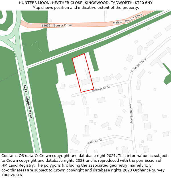 HUNTERS MOON, HEATHER CLOSE, KINGSWOOD, TADWORTH, KT20 6NY: Location map and indicative extent of plot