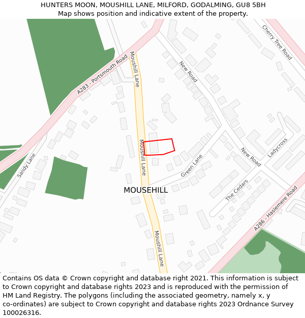 HUNTERS MOON, MOUSHILL LANE, MILFORD, GODALMING, GU8 5BH: Location map and indicative extent of plot
