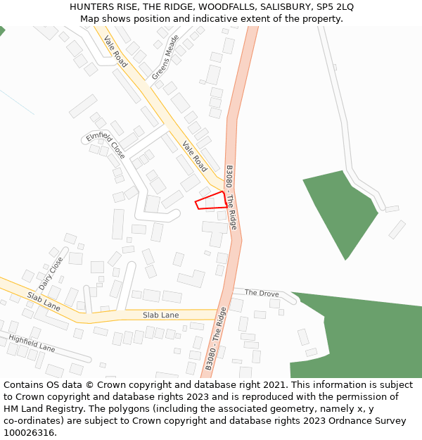 HUNTERS RISE, THE RIDGE, WOODFALLS, SALISBURY, SP5 2LQ: Location map and indicative extent of plot