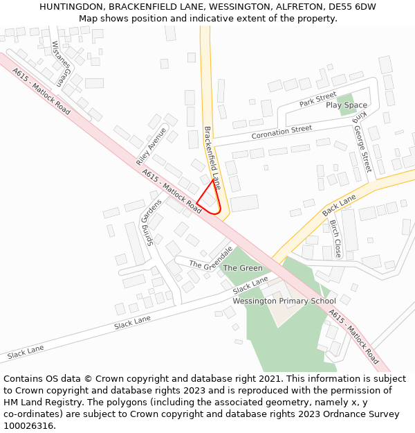 HUNTINGDON, BRACKENFIELD LANE, WESSINGTON, ALFRETON, DE55 6DW: Location map and indicative extent of plot