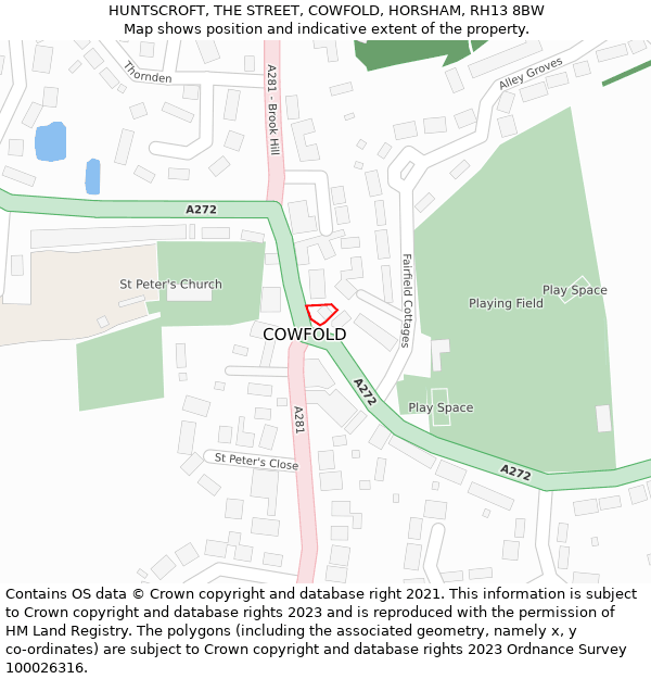 HUNTSCROFT, THE STREET, COWFOLD, HORSHAM, RH13 8BW: Location map and indicative extent of plot