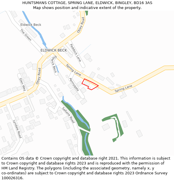 HUNTSMANS COTTAGE, SPRING LANE, ELDWICK, BINGLEY, BD16 3AS: Location map and indicative extent of plot
