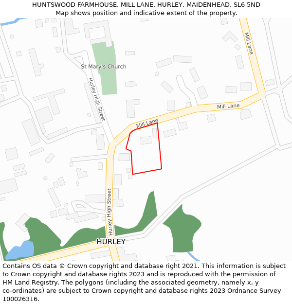 HUNTSWOOD FARMHOUSE, MILL LANE, HURLEY, MAIDENHEAD, SL6 5ND: Location map and indicative extent of plot