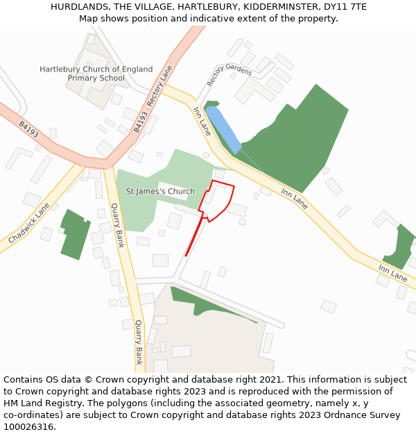 HURDLANDS, THE VILLAGE, HARTLEBURY, KIDDERMINSTER, DY11 7TE: Location map and indicative extent of plot