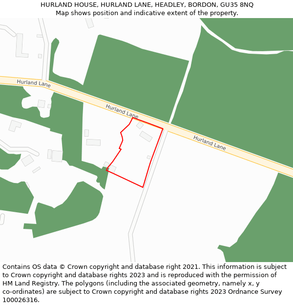 HURLAND HOUSE, HURLAND LANE, HEADLEY, BORDON, GU35 8NQ: Location map and indicative extent of plot