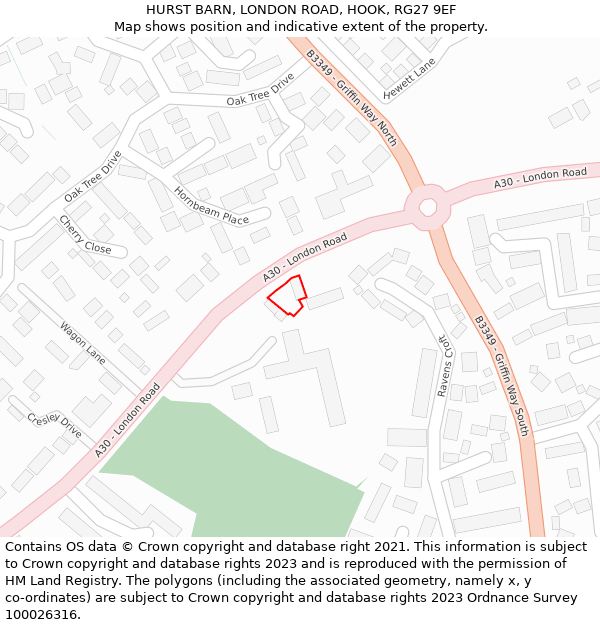HURST BARN, LONDON ROAD, HOOK, RG27 9EF: Location map and indicative extent of plot