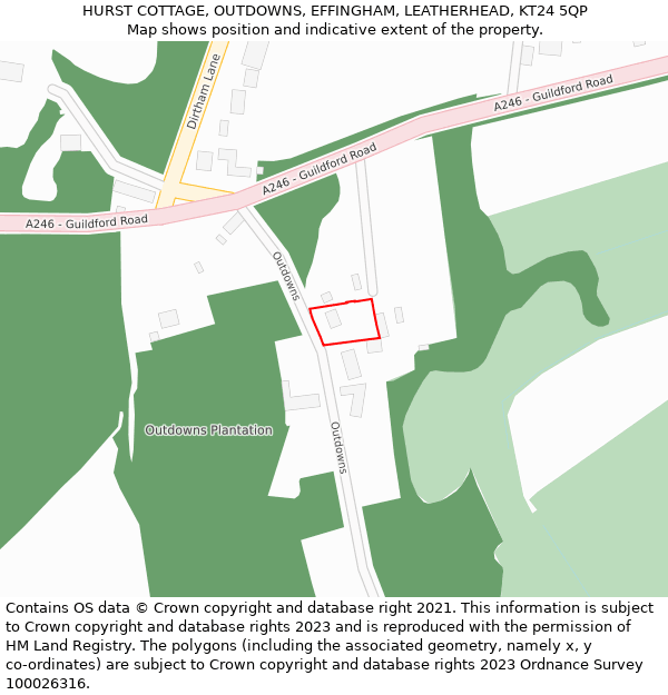 HURST COTTAGE, OUTDOWNS, EFFINGHAM, LEATHERHEAD, KT24 5QP: Location map and indicative extent of plot