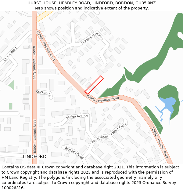 HURST HOUSE, HEADLEY ROAD, LINDFORD, BORDON, GU35 0NZ: Location map and indicative extent of plot