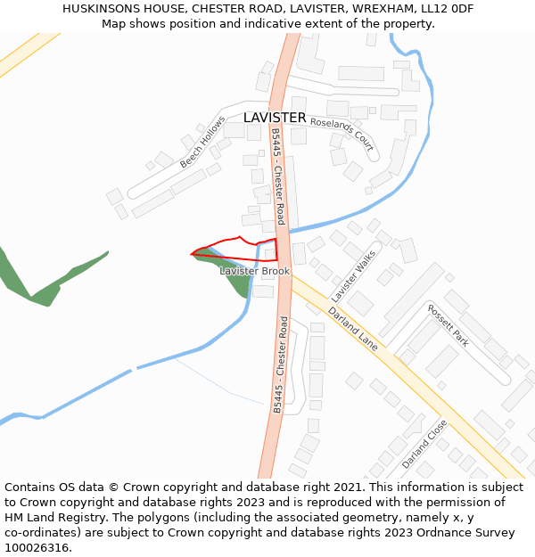 HUSKINSONS HOUSE, CHESTER ROAD, LAVISTER, WREXHAM, LL12 0DF: Location map and indicative extent of plot