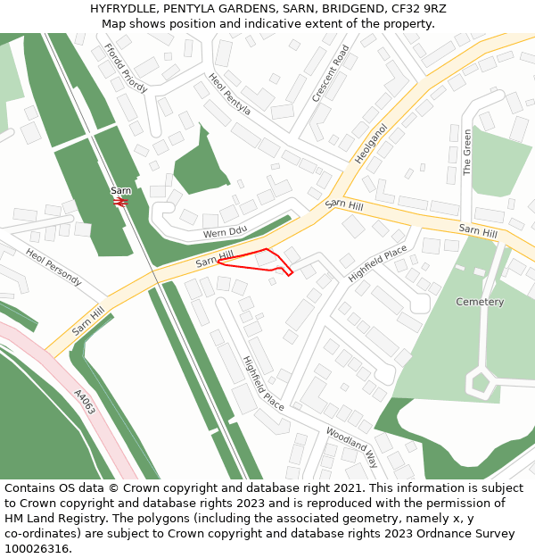 HYFRYDLLE, PENTYLA GARDENS, SARN, BRIDGEND, CF32 9RZ: Location map and indicative extent of plot